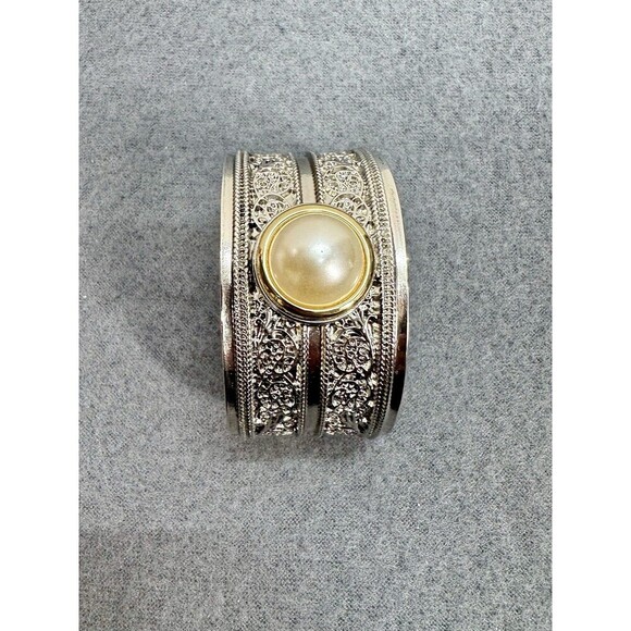 Vintage Art Deco Statement Cuff Bangle Bracelet Filigree Faux Pearl Silver Tone - Picture 5 of 8